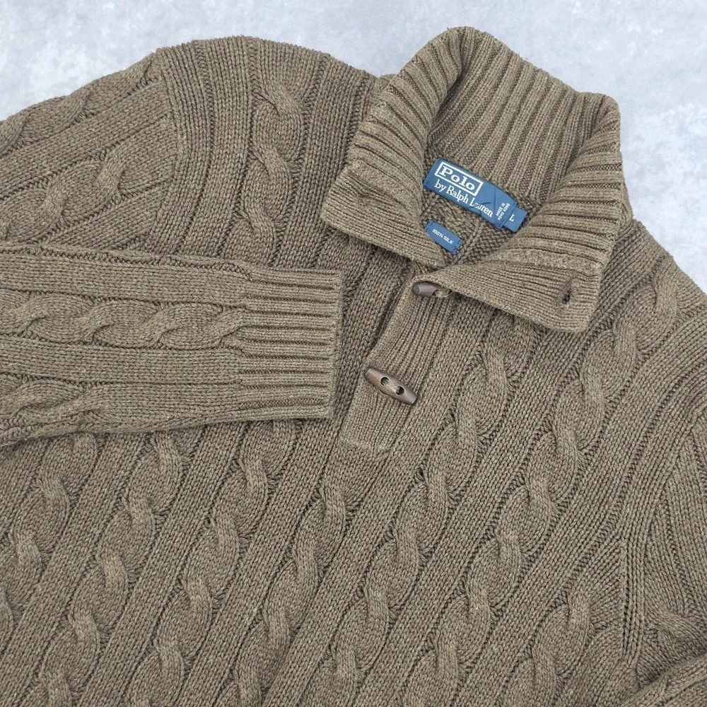 Vintage Polo Ralph Lauren Sweater Mens L Brown 100% Silk Cable Knit Shawl 90s